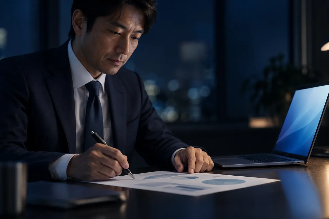 経営者が、ノートパソコンの横で印刷した資料にペンで印をつけ、最後の判断をしている手元