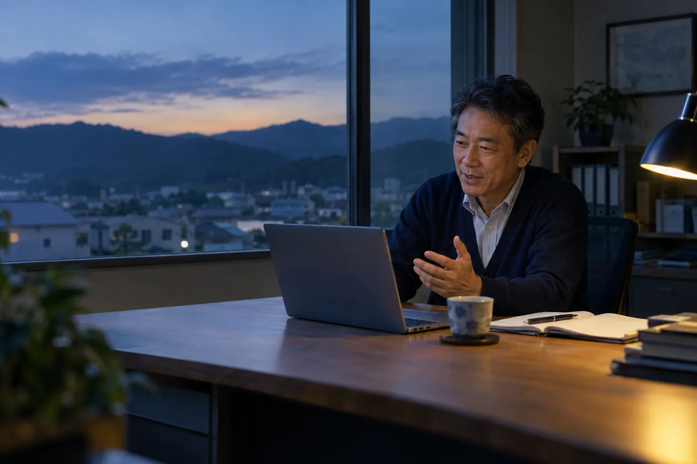 夕暮れの事務所で、50代の経営者がノートパソコンに話しかけて仕事を頼んでいる。窓の外に低い町並みと山が見える