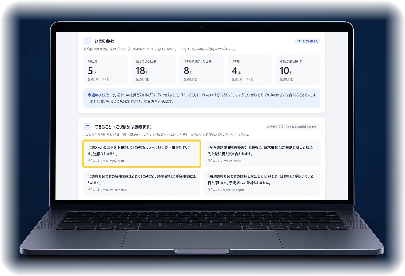 ノートパソコンに、AIの取扱説明書の見本が映っている。「できること（こう頼めば動きます）」の1件が黄色の枠で囲まれている
