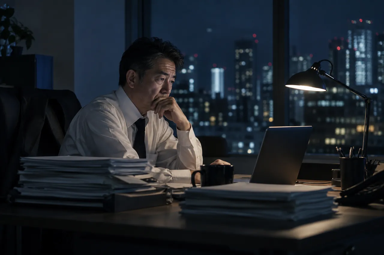 夜のオフィスで、書類の山の前に座り、ノートパソコンを見ながら考え込んでいる経営者